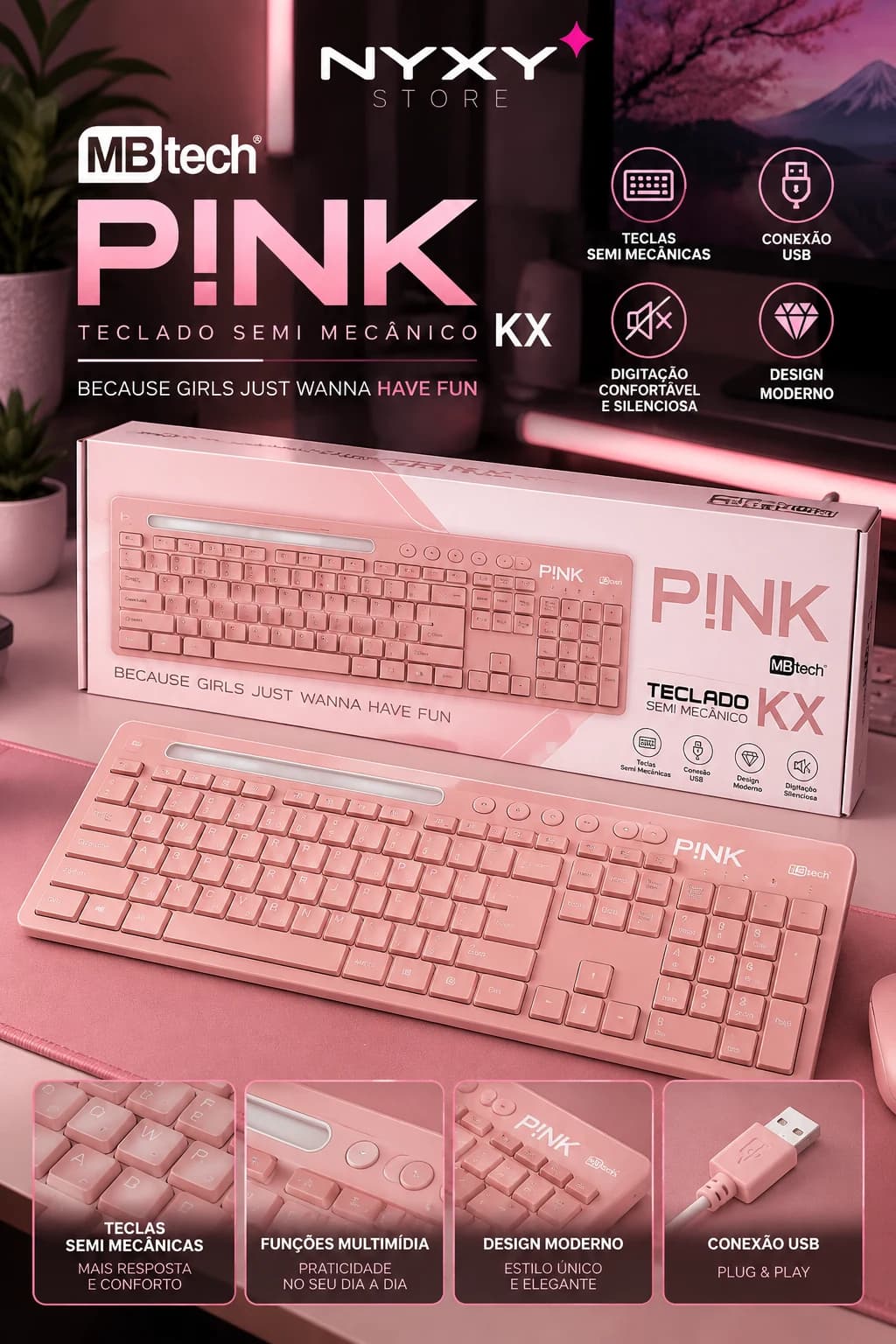 MBtech P!NK KX Teclado Semi Mecânico Rosa USB Multimídia com Suporte para Celular