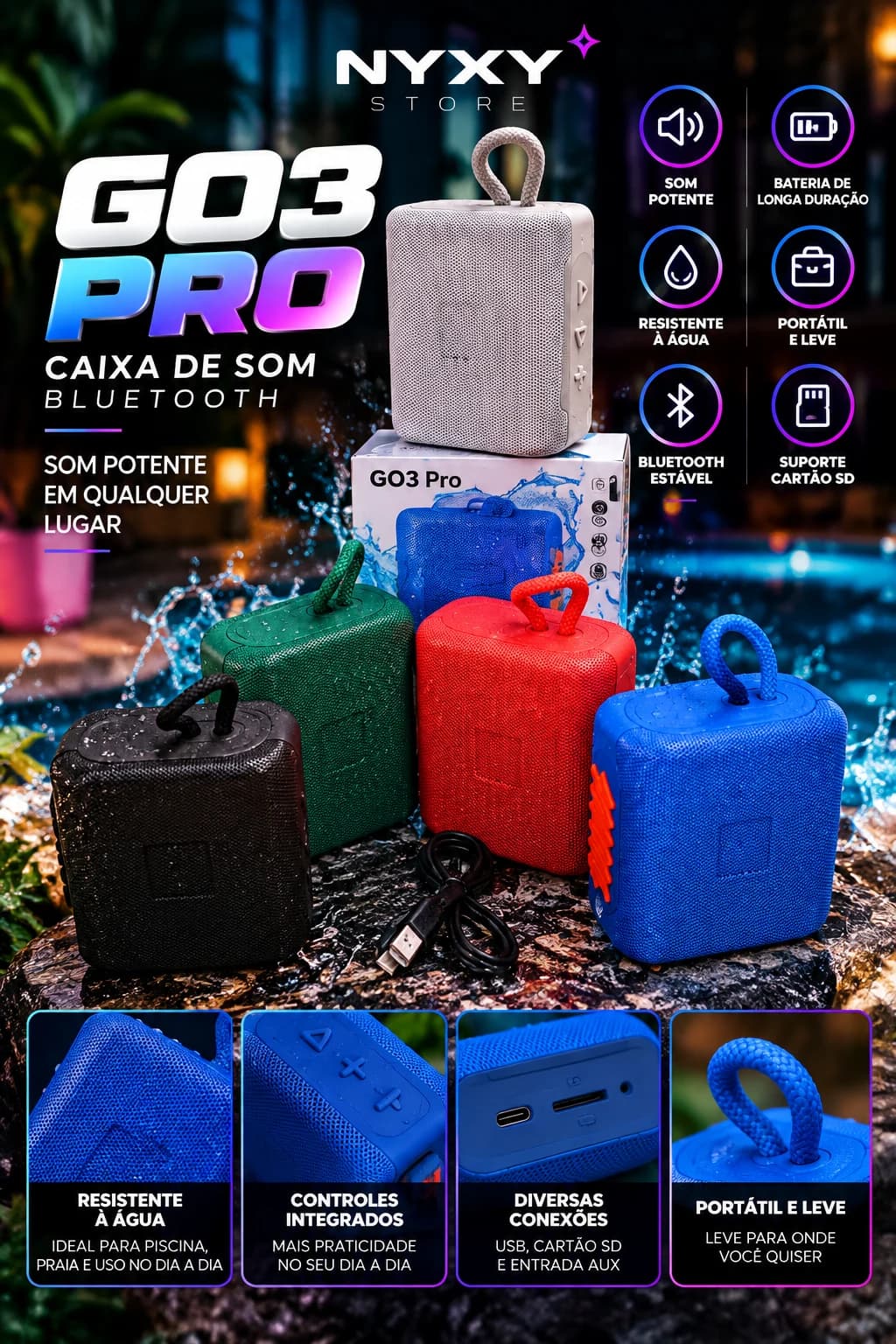 Caixa de Som Bluetooth GO3 Pro Portátil com Alça USB-C Cartão SD e AUX