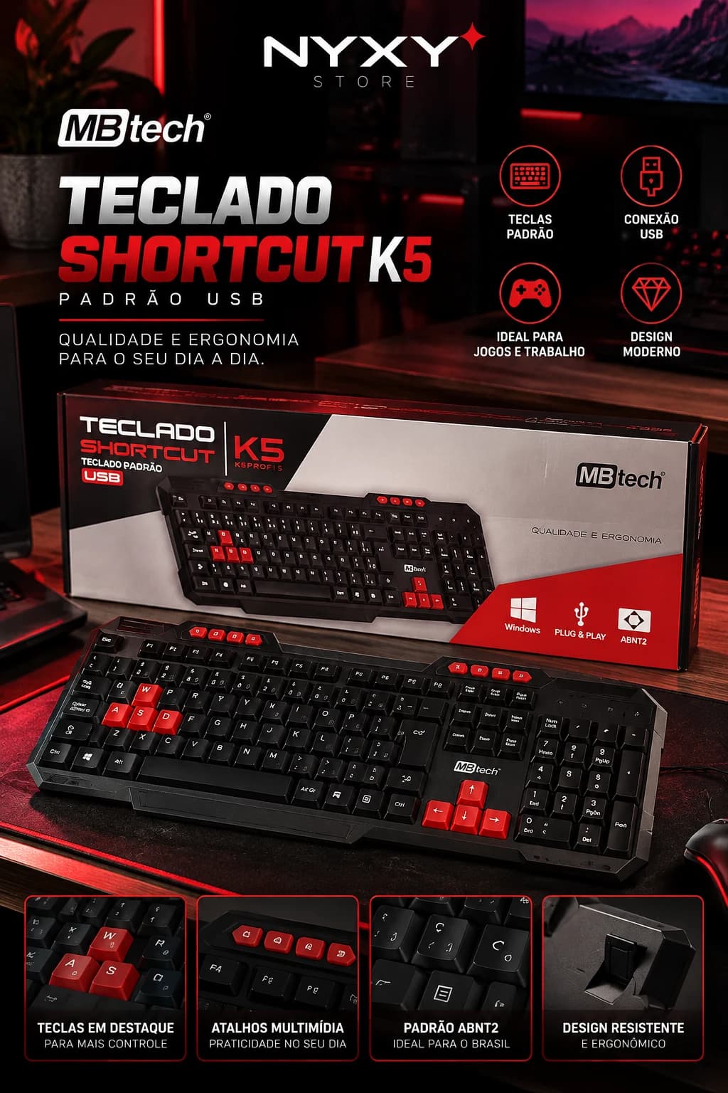 MBtech K5 Teclado Shortcut USB ABNT2 com Teclas de Atalho em Destaque