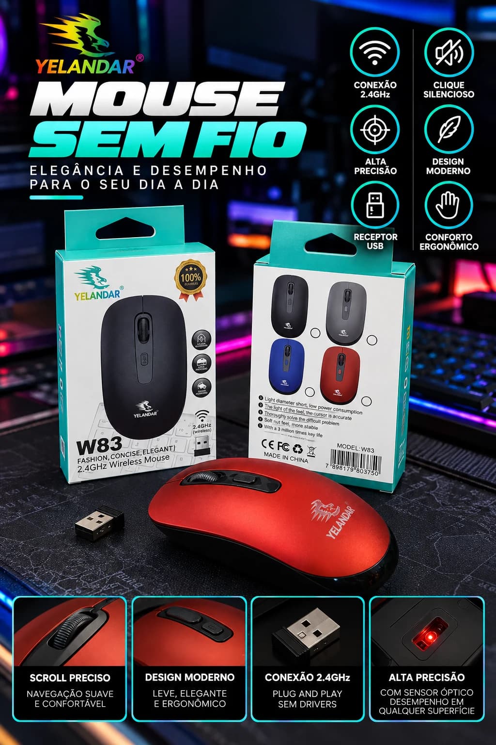 Yelandar W83 Mouse Sem Fio 2.4GHz Clique Silencioso