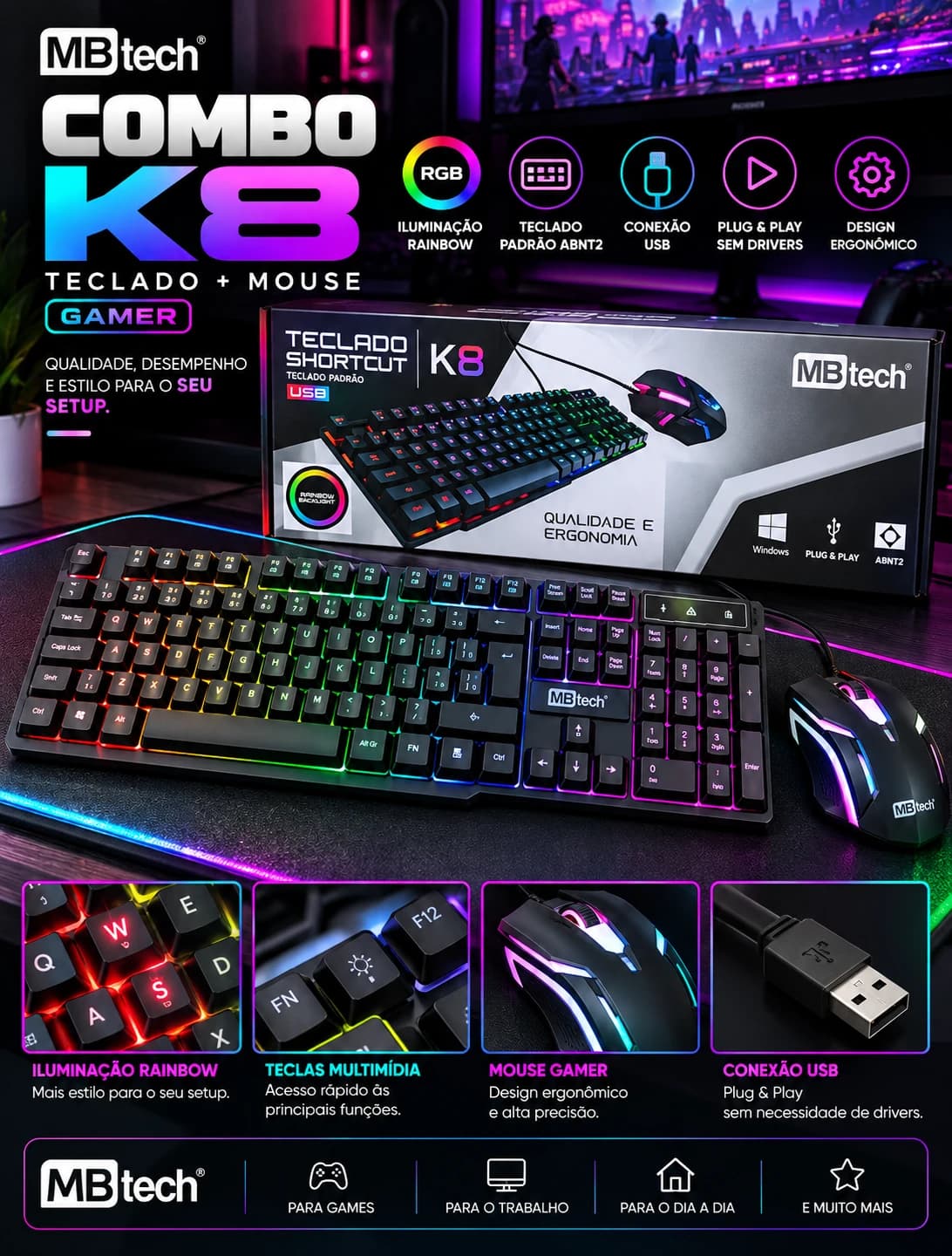 MBtech Combo K8 Teclado + Mouse Gamer RGB