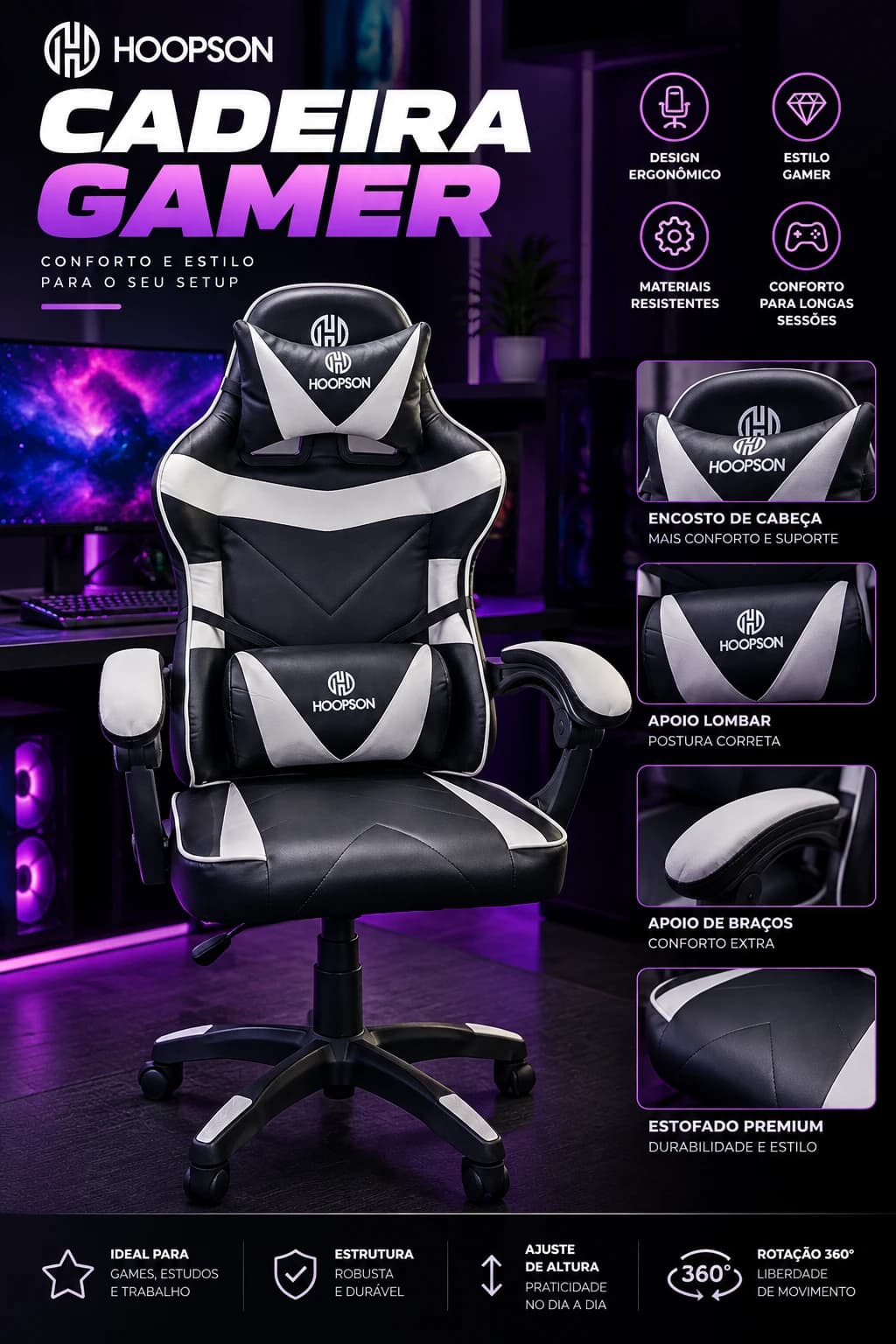Hoopson Cadeira Gamer Preta e Branca