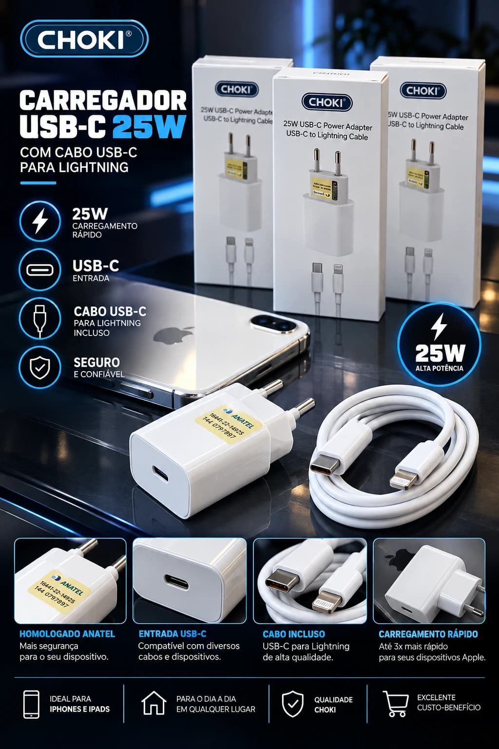 Choki Carregador USB-C 25W com Cabo USB-C para Lightning
