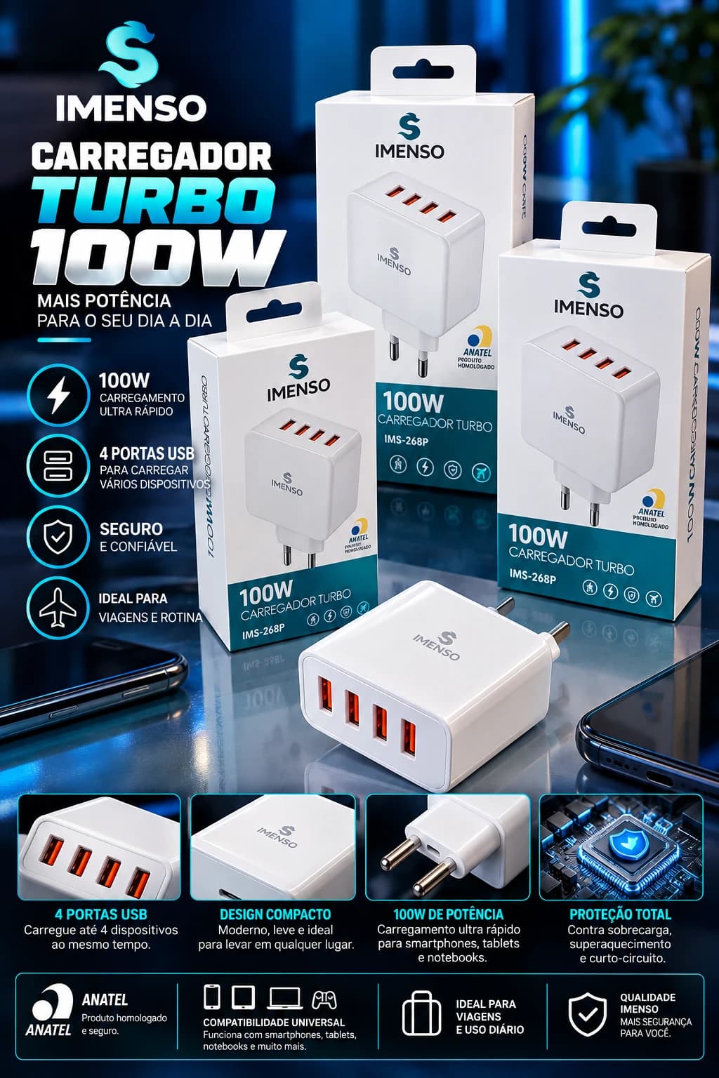 Imenso Carregador Turbo 100W 4 Portas USB