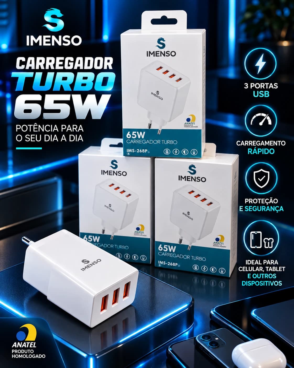 Imenso Carregador Turbo 65W 3 Portas USB