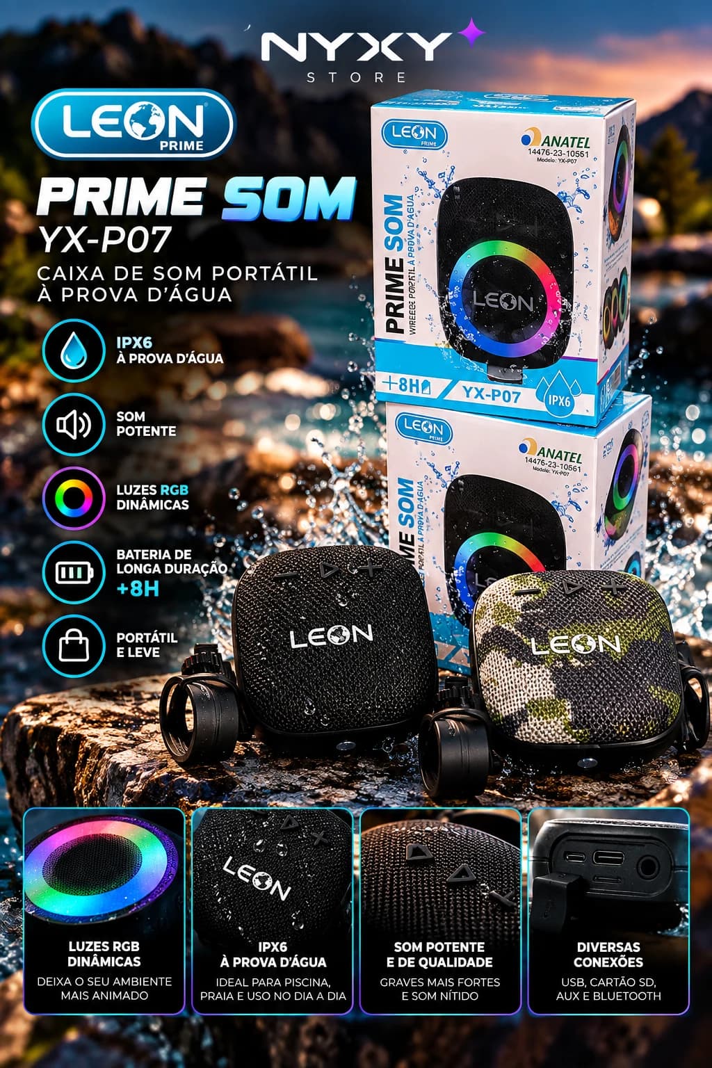 Leon Prime YX-P07 Prime Som Caixa de Som Bluetooth IPX6 RGB com Mosquetão