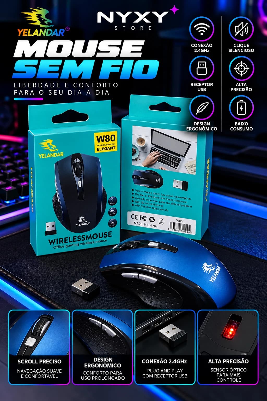 Yelandar W80 Mouse Sem Fio 2.4GHz Sensor Óptico Clique Silencioso