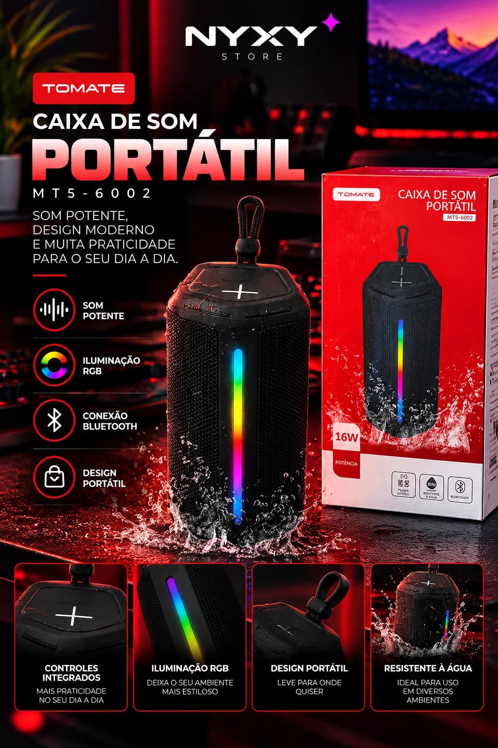 Tomate MT5-6002 Caixa de Som Bluetooth Portátil 16W com Luz RGB