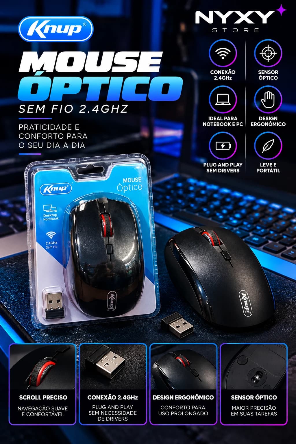 Knup Mouse Óptico Sem Fio 2.4GHz com Receptor USB