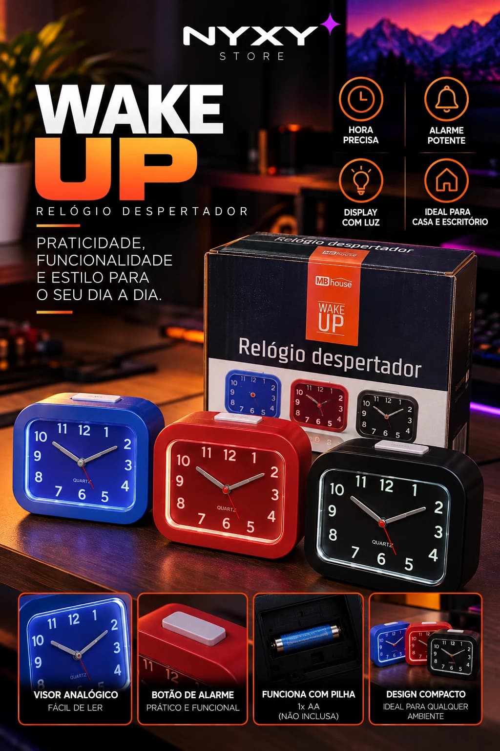 MBhouse Wake Up Relógio Despertador Analógico Quartz Retangular