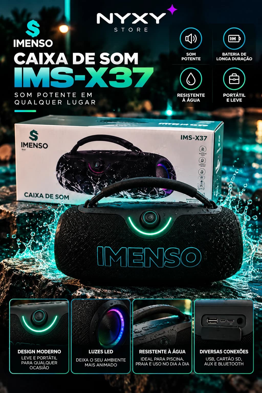 Imenso IMS-X37 Caixa de Som Bluetooth Portátil com Alça LED RGB Resistente à Água
