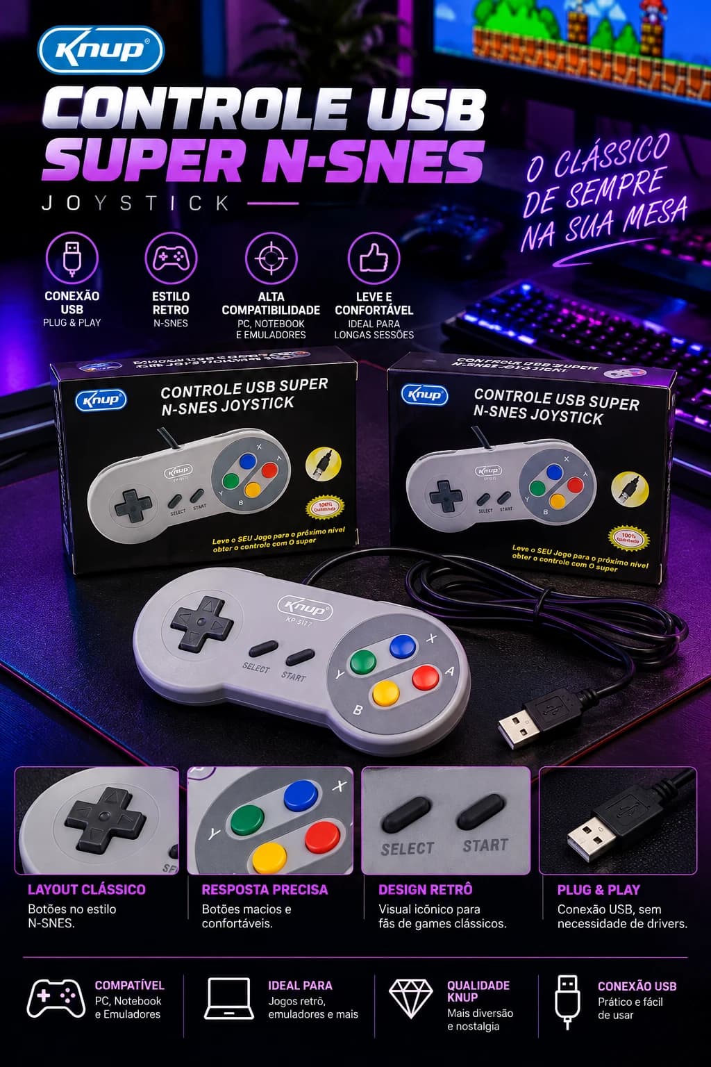 Knup Controle USB Super N-SNES Joystick