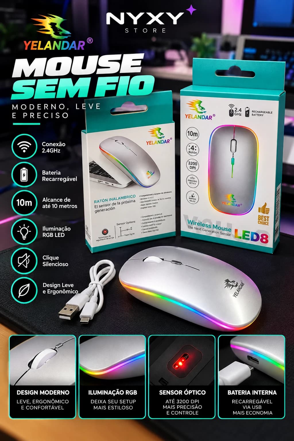 Yelandar LED8 Mouse Sem Fio Recarregável RGB 2.4GHz 3200 DPI