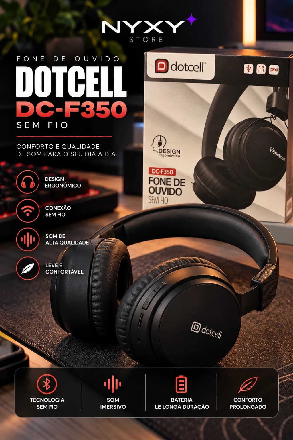Dotcell DC-F350 Fone de Ouvido Headphone Bluetooth Sem Fio Dobrável