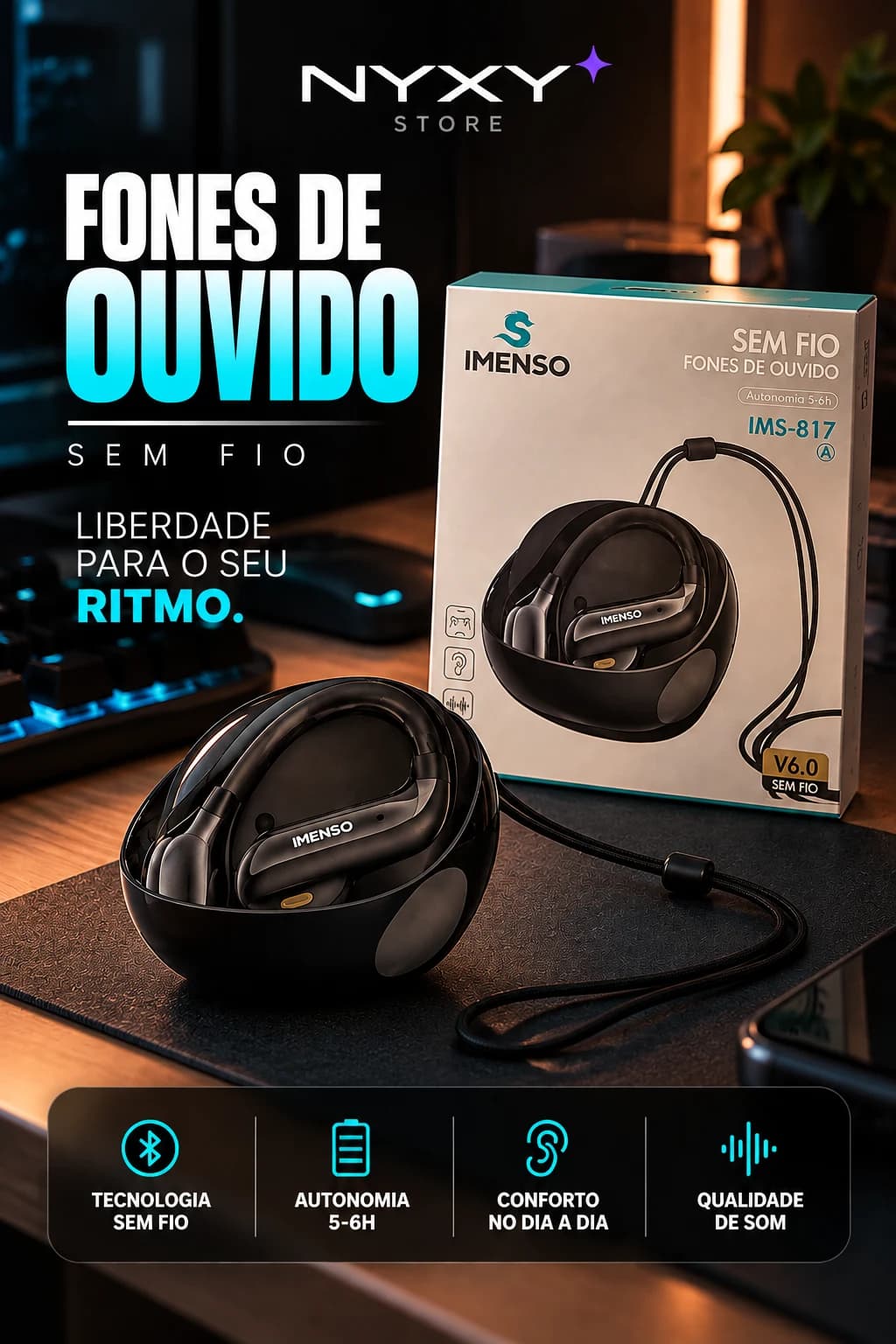 Imenso IMS-817 Fone de Ouvido Bluetooth 6.0 Sem Fio com Estojo e Cordão