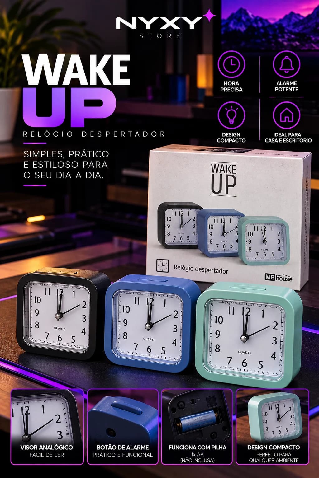 MBhouse Wake Up Relógio Despertador Analógico Quartz Quadrado