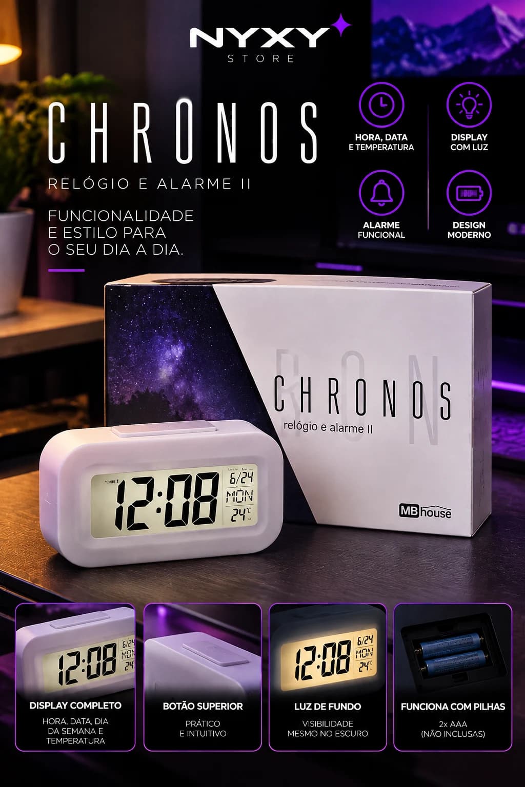 MBhouse Chronos Relógio Despertador Digital com Data Temperatura e Luz de Fundo