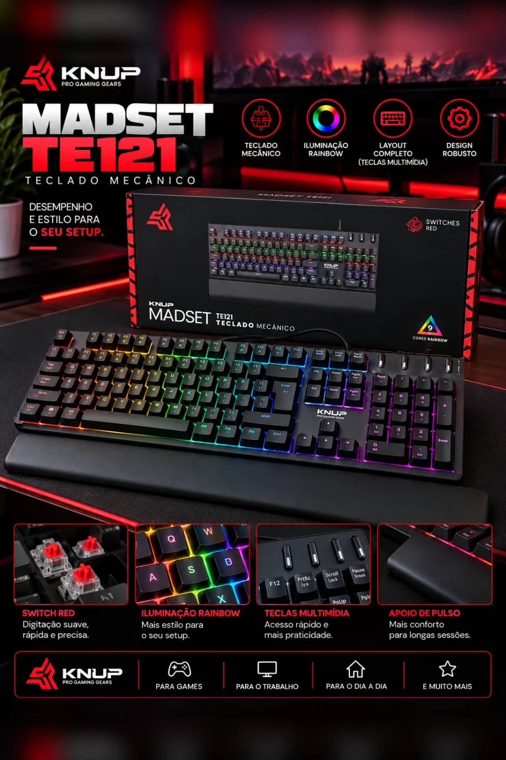 Knup Madset TE121 Teclado Mecânico Switch Red Rainbow com Apoio de Pulso