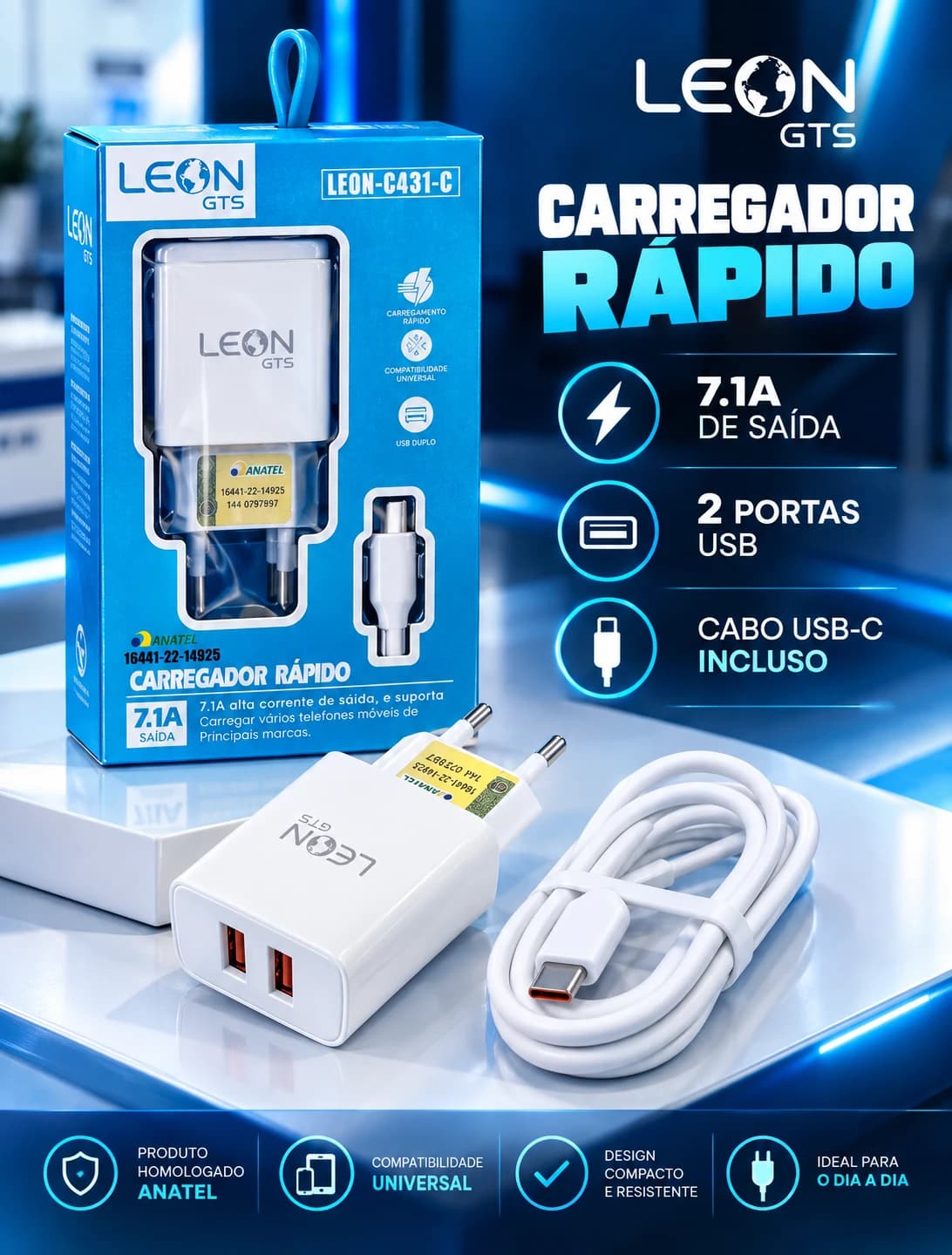 Leon GTS Carregador Rápido 7.1A 2 Portas USB com Cabo USB-C