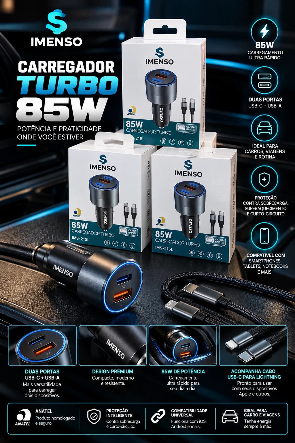 Imenso Carregador Veicular Turbo 85W USB-C + USB-A com Cabo