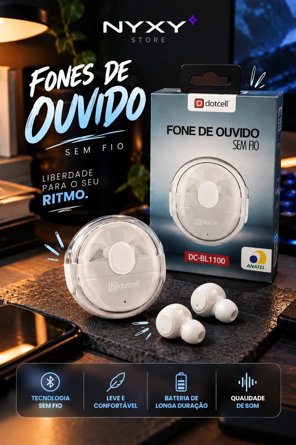 Dotcell DC-BL1100 Fone de Ouvido Bluetooth Sem Fio com Estojo de Carregamento