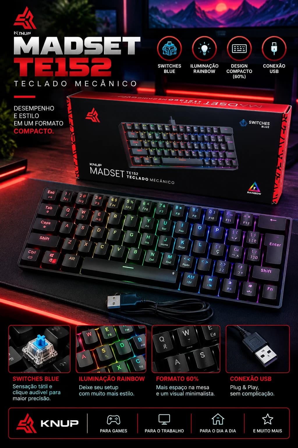 Knup Madset TE152 Teclado Mecânico 60% Switch Blue Rainbow