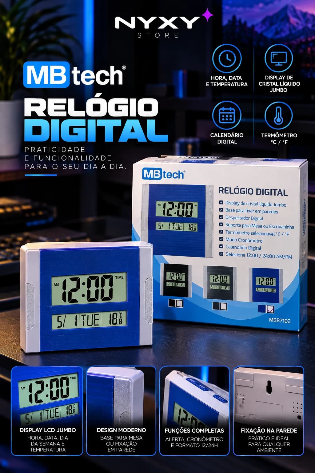 MBtech MB87102 Relógio Digital de Mesa e Parede com Termômetro e Calendário