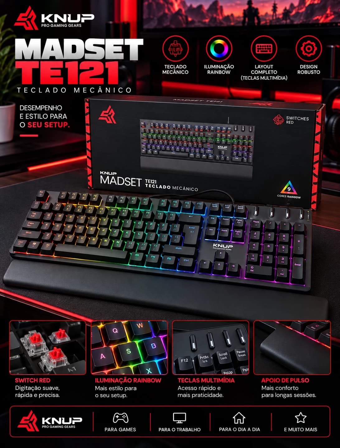 Knup Madset TE121 Teclado Mecânico Switch Red Rainbow com Apoio de Pulso