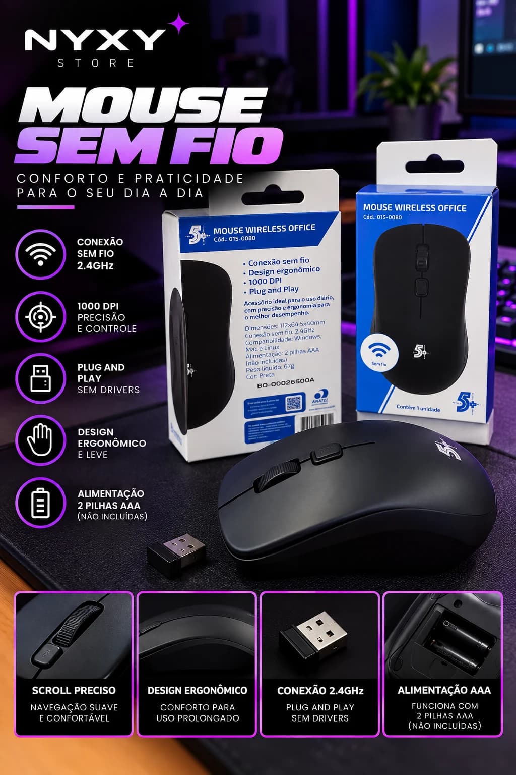5+ Mouse Wireless Office 015-0080 Sem Fio 2.4GHz 1000 DPI